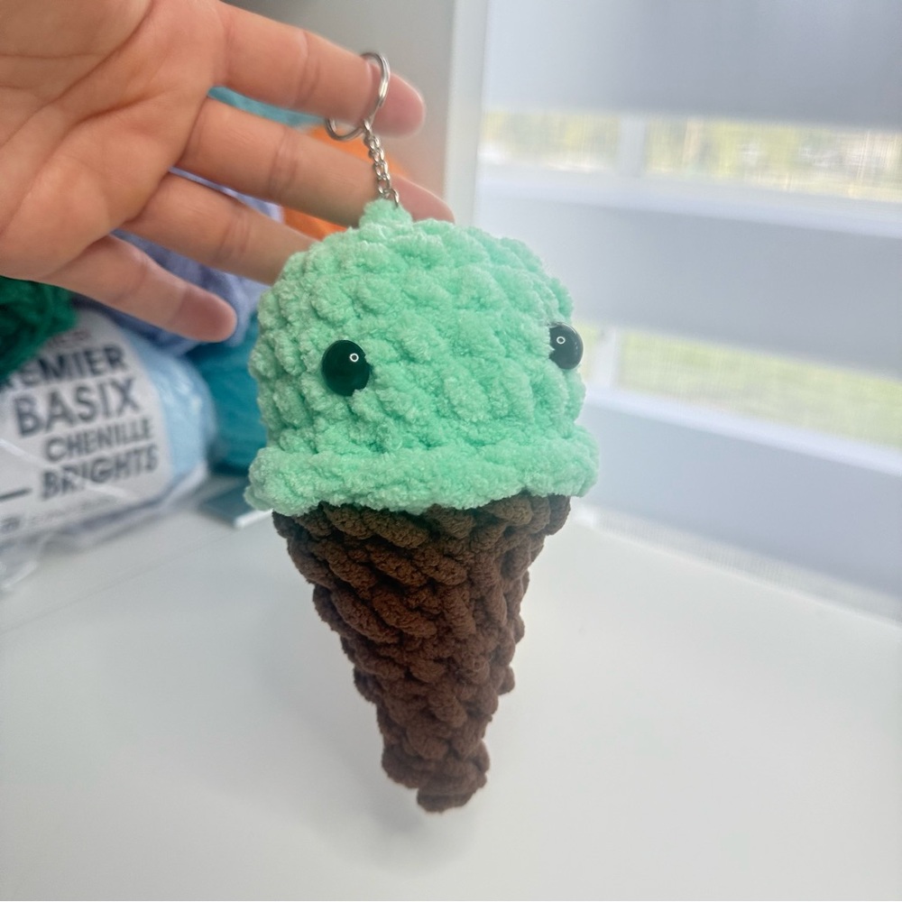 Ice Cream Handmade Crochet Amigurumi Keychain Plush Mint & Brown